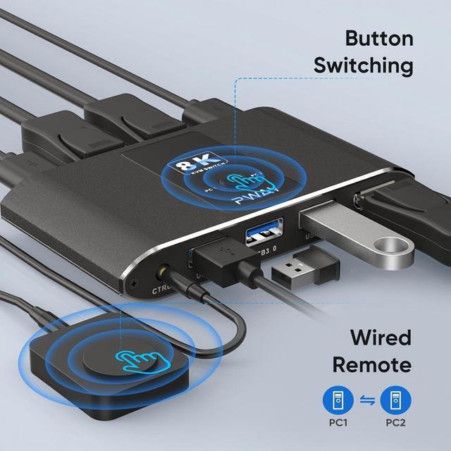 2 Port DisplayPort KVM Switch With DP1.4&3 USB 3.0 Ports (USB-A) Supports 8K 60Hz DP KVM Switch 2 In Out Control 2 PCs Sharing 1 Monitor & USB Devices Wired Remote And Button Switch Adaptive EDID