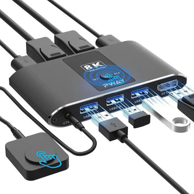 2 Port DisplayPort KVM Switch with DP1.4&3 USB 3.0 Ports (USB-A) Supports 8K 60Hz DP KVM Switch 2 in Out Control 2 PCs Sharing 1 Monitor & USB Devices Wired Remote and Button Switch Adaptive EDID