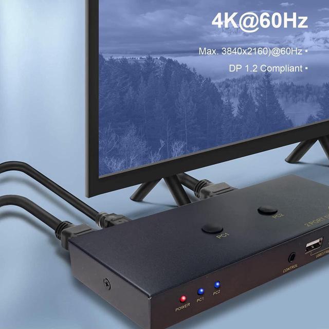 2 Port DisplayPort KVM Switch With USB 2.0 Ports DP 1.2 4K 60Hz Display Port KVM Switcher Box For 2 Computers Sharing 1 Monitor Keyboard Mouse Peripherals Selector Box With USB Cables