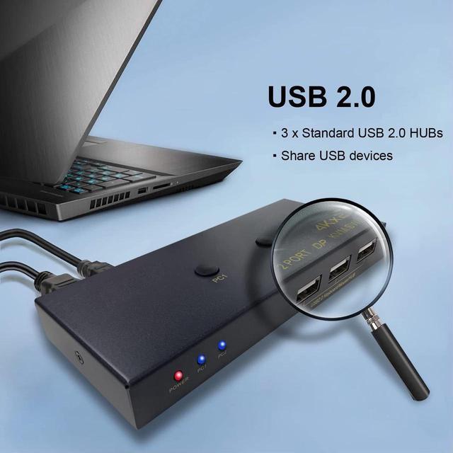 2 Port DisplayPort KVM Switch With USB 2.0 Ports DP 1.2 4K 60Hz Display Port KVM Switcher Box For 2 Computers Sharing 1 Monitor Keyboard Mouse Peripherals Selector Box With USB Cables