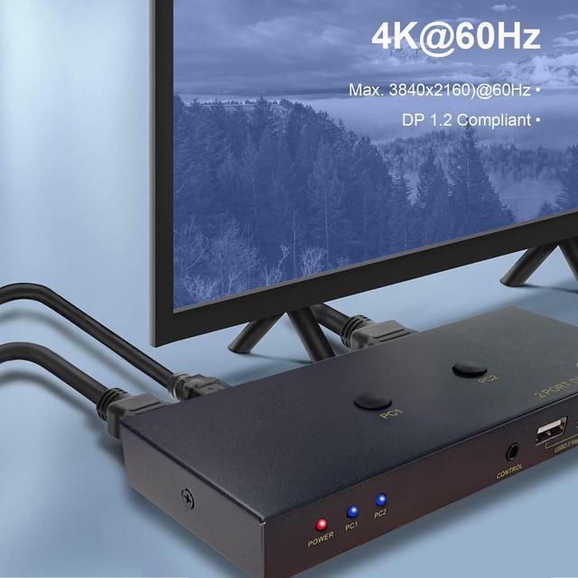 2 Port DisplayPort KVM Switch With USB 2.0 Ports DP 1.2 4K 60Hz Display Port KVM Switcher Box For 2 Computers Sharing 1 Monitor Keyboard Mouse Peripherals Selector Box With USB Cables