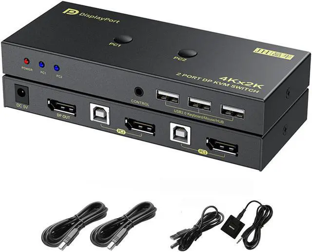 2 Port DisplayPort KVM Switch with USB 2.0 Ports DP 1.2 4K 60Hz Display Port KVM Switcher Box for 2 Computers Sharing 1 Monitor Keyboard Mouse Peripherals Selector Box with USB Cables