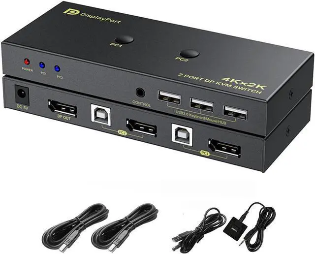 2 Port DisplayPort KVM Switch with USB 2.0 Ports DP 1.2 4K 60Hz Display Port KVM Switcher Box for 2 Computers Sharing 1 Monitor Keyboard Mouse Peripherals Selector Box with USB Cables