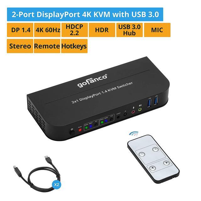 2 Port DisplayPort KVM Switch With USB 3.0 DisplayPort 1.4 4K 60Hz 4:4:4 HDR HDCP 2.2/1.4 USB Keyboard/Mouse USB 3.0 Hub MIC In Stereo Out IR Remote Hotkeys