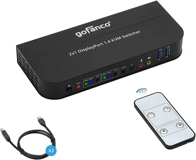 2 Port DisplayPort KVM Switch with USB 3.0 DisplayPort 1.4 4K 60Hz 4:4:4 HDR HDCP 2.2/1.4 USB Keyboard/Mouse USB 3.0 Hub MIC in Stereo Out IR Remote Hotkeys