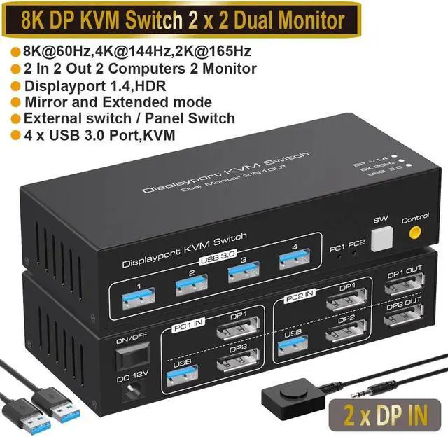 2 Port DisplayPort USB Dual Monitor KVM Switch DP1.4 Support 8K 60Hz USB 3.0 DP KVM Switch 2 Monitors 2 Computers with Cables Digital Display Wired Remote