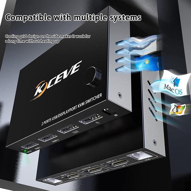 2 Port Displayport USB KVM Switch 2 In 1 Out DisplayPort 2 Port DP Display Port KVM Switcher With 2.0 USB Hub Support 4K 60Hz (3840*2160) For Share Keyboard Mouse Monitor