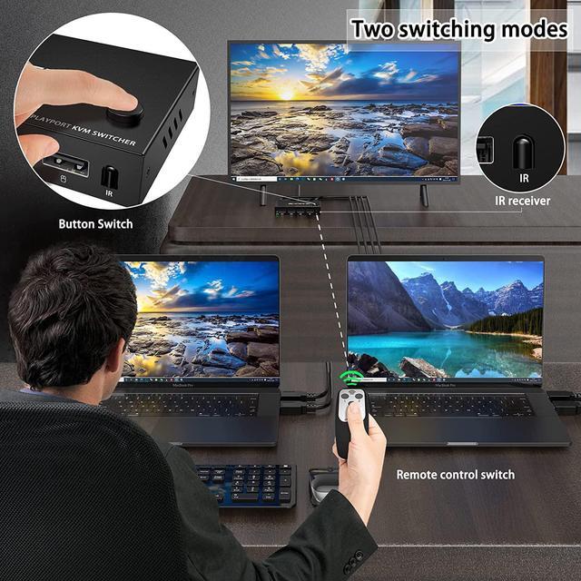 2 Port Displayport USB KVM Switch 2 In 1 Out DisplayPort 2 Port DP Display Port KVM Switcher With 2.0 USB Hub Support 4K 60Hz (3840*2160) For Share Keyboard Mouse Monitor