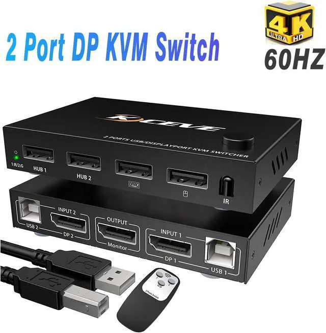 2 Port Displayport USB KVM Switch 2 in 1 Out DisplayPort 2 Port DP Display Port KVM Switcher with 2.0 USB Hub Support 4K 60Hz (3840*2160) for Share Keyboard Mouse Monitor