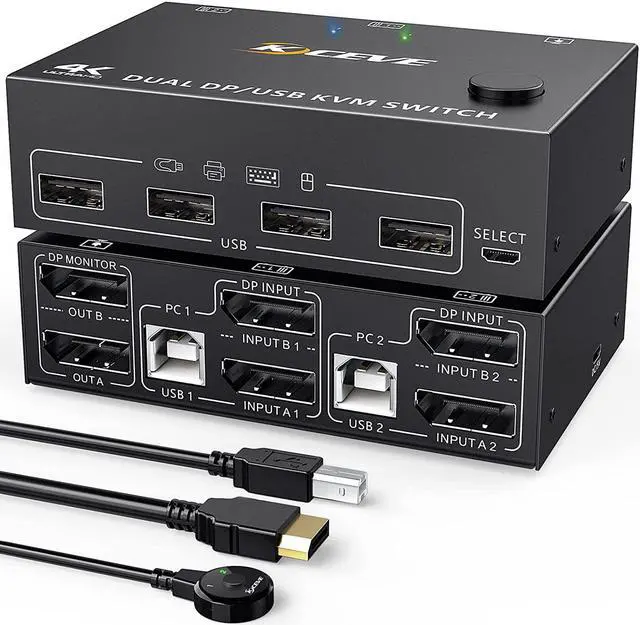 2 Port DP KVM Switch Dual Monitor 8K 30Hz 4K 144Hz DisplayPort KVM Switch 2 in 2 Out with 4 USB Port for 2 Computers 2 Monitors Backward Compatible DP1.2 with DP+USB Cables and Wired Controller