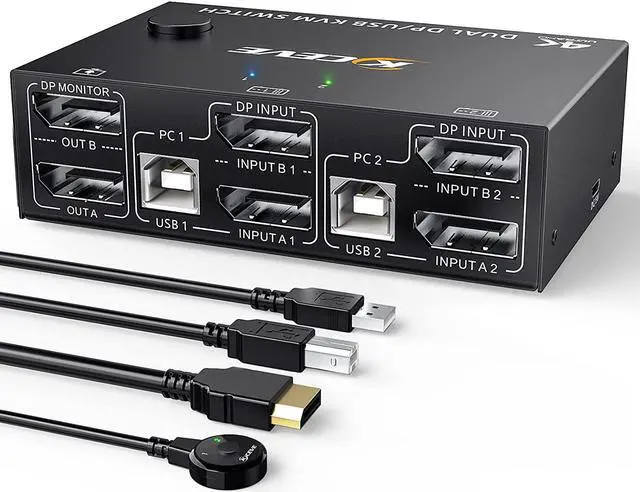 2 Port DP KVM Switch Dual Monitor DisplayPort 1.4 8K 30Hz 4K 144Hz 2 in 2 Out DP1.4 KVM Switch and 4 USB HUBs for 2 Computers Backward Compatible DP1.2 with DP+USB Cables and Wired Controller