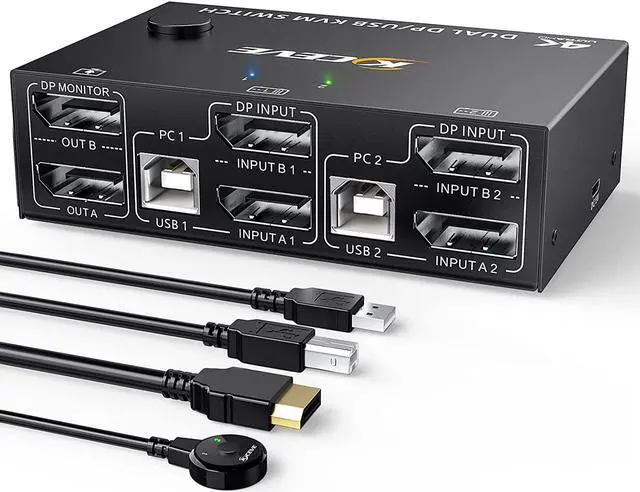 2 Port DP KVM Switch Dual Monitor DisplayPort 1.4 8K 30Hz 4K 144Hz 2 in 2 Out DP1.4 KVM Switch and 4 USB HUBs for 2 Computers Backward Compatible DP1.2 with DP+USB Cables and Wired Controller
