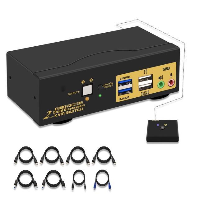 2 Port DP USB 3.0 Dual Monitor Displayport KVM Switch DP 1.4 8K 30Hz 4K 144Hz Extended Display DP KVM Switch 2 Computers 2 Monitors With Audio Microphone Output With Cables And Wired Controller