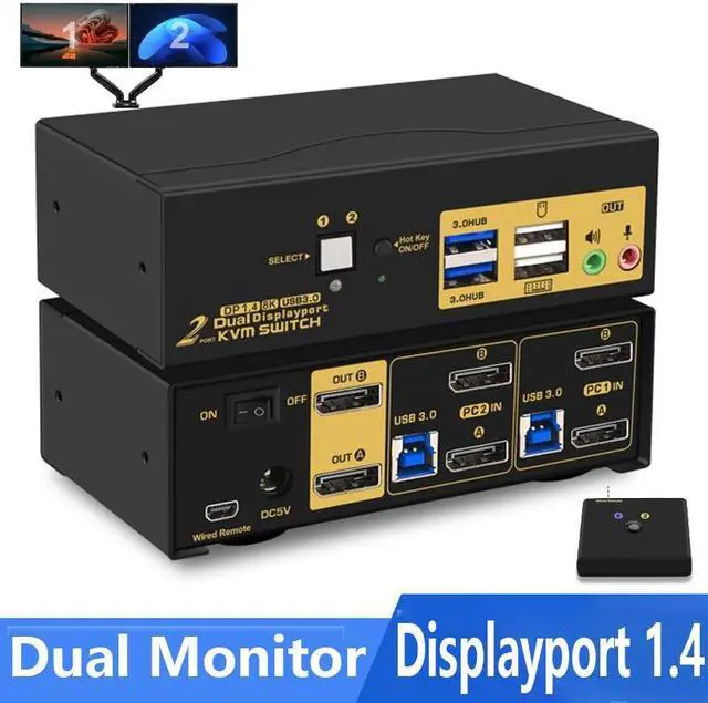 2 Port DP USB 3.0 Dual Monitor Displayport KVM Switch DP 1.4 8K 30Hz 4K 144Hz Extended Display DP KVM Switch 2 Computers 2 Monitors with Audio Microphone Output with Cables and Wired Controller