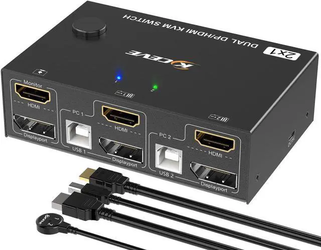 2 Port Dual Monitor Displayport HDMI KVM Switch 4K 60Hz HDMI DP Extended Display Switcher for 2 Computers Share 2 Monitors (DP+HDMI Port) with 4 USB 2.0 Hub Desktop Controller and USB HDMI DP Cables