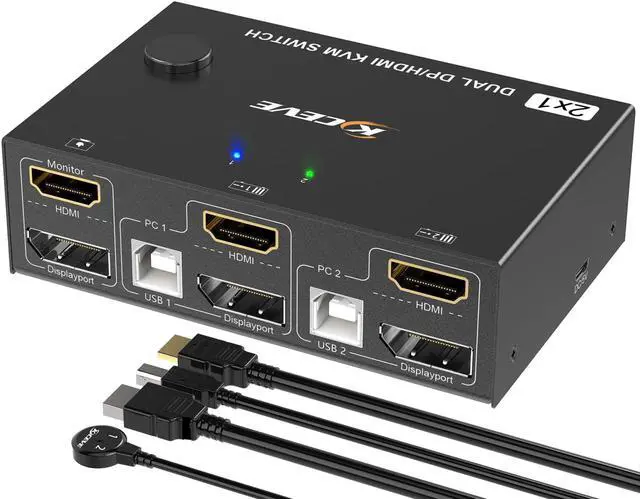 2 Port Dual Monitor Displayport HDMI KVM Switch 4K 60Hz HDMI DP Extended Display Switcher for 2 Computers Share 2 Monitors (DP+HDMI Port) with 4 USB 2.0 Hub Desktop Controller and USB HDMI DP Cables