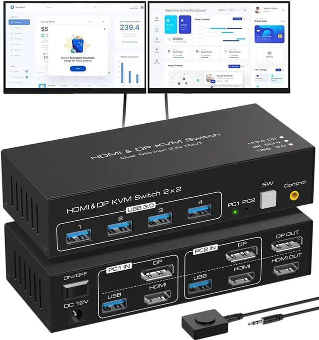 2 Port Dual Monitor DisplayPort HDMI KVM Switch 8K 60Hz 4K 120Hz USB 3.0 DP+HDMI KVM Switcher 2 in 2 Out for 2 Computers 2 Monitors with 4 Ports USB 3.0 Support Copy and Extended Display