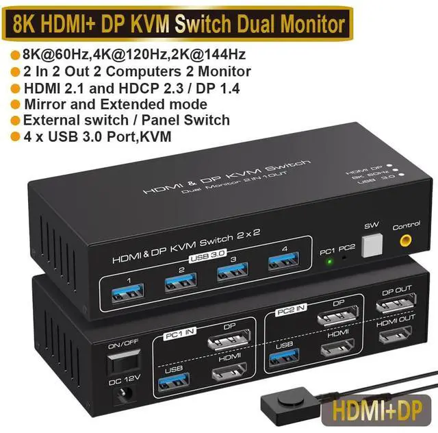 2 Port Dual Monitor DisplayPort HDMI KVM Switch 8K 60Hz 4K 120Hz USB 3.0 DP+HDMI KVM Switcher 2 in 2 Out for 2 Computers 2 Monitors with 4 Ports USB 3.0 Support Copy and Extended Display