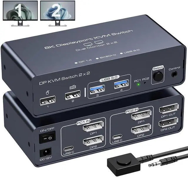 2 Port Dual Monitor DisplayPort KVM Switch 2 in 2 Out 8K60Hz 4K120Hz Displayport KVM Switch for 2 Monitors 2 Computers Shared 4 USB Device Support DP1.4 With USB3.0 to USB C Cable - Aluminium