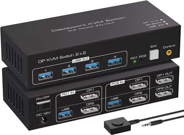 2 Port Dual Monitor Displayport KVM Switch 2 in 2 Out DP1.4 KVM Switch for 2 Computers 2 Monitors Share Keyboard Mouse Printer Support 4K 120HZ 8K 60HZ with 4 Port USB 3.0 Support Desktop Control