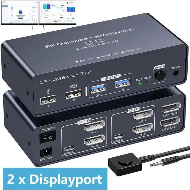 2 Port Dual Monitor DisplayPort KVM Switch 2 in 2 Out 8K60Hz 4K120Hz Aluminium Displayport Switch KVM Switch 2 Monitors 2 Computers Shared 4 USB Device Support DP1.4 With With Desktop Controller