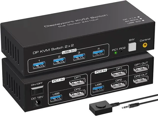 2 Port Dual Monitor Displayport KVM Switch 2 in 2 Out DP1.4 KVM Switch for 2 Computers 2 Monitors Share Keyboard Mouse Printer Support 4K 120HZ 8K 60HZ with 4 Port USB 3.0 Support Desktop Control