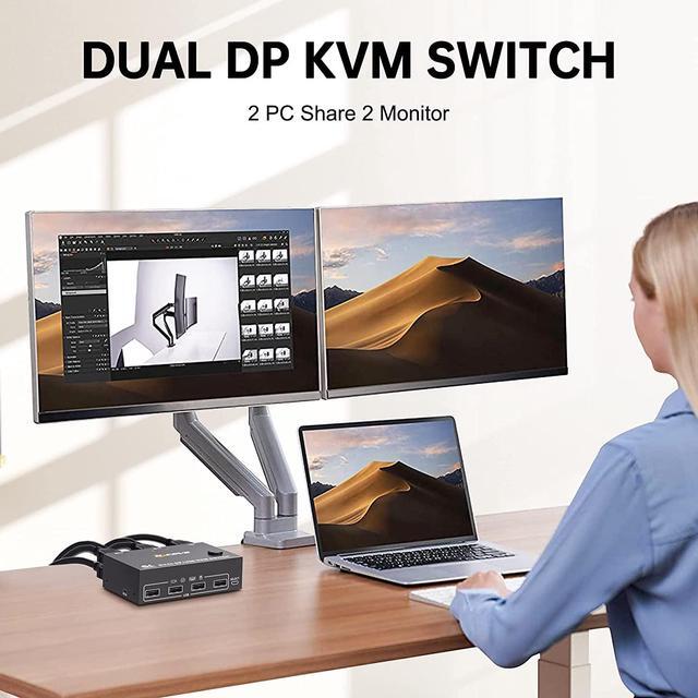 2 Port Dual Monitor Displayport KVM Switch 8K 30Hz 4K 144Hz DP Extended Display Port KVM Switch 2 In 2 Out For 2 Computers Share 2 Monitors And 4 USB 2.0 Ports Wired Remote And 4 Cables Included