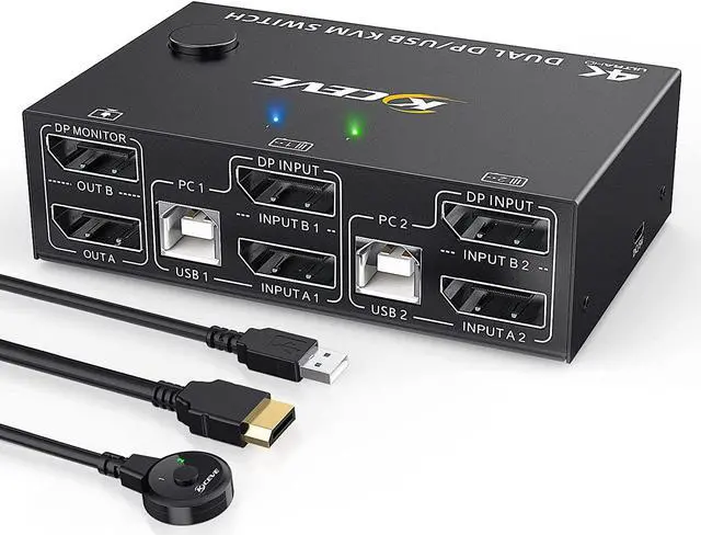 2 Port Dual Monitor Displayport KVM Switch 8K 30Hz 4K 144Hz DP Extended Display Port KVM Switch 2 in 2 Out for 2 Computers Share 2 Monitors and 4 USB 2.0 Ports Wired Remote and 4 Cables Included
