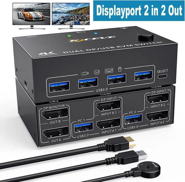 2 Port Dual Monitor DisplayPort KVM Switch 8K 30Hz 4K 60Hz 2 in 2 Out Displayport KVM Switch for 2 PC 2 Monitors KVM Switches with 4 USB 3.0 Ports with DP + USB Cable and Desktop Controller