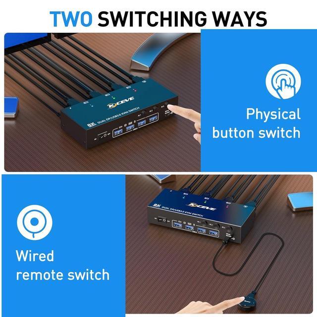 2 Port Dual Monitor Displayport KVM Switch 8K 30Hz 4K 144Hz USB 3.0 Displayport KVM Switch 3 In 2 Out KVM Switch 3 Computers Share 2 Monitors And 4 USB 3.0 Devices Wired Remote And Cables Included