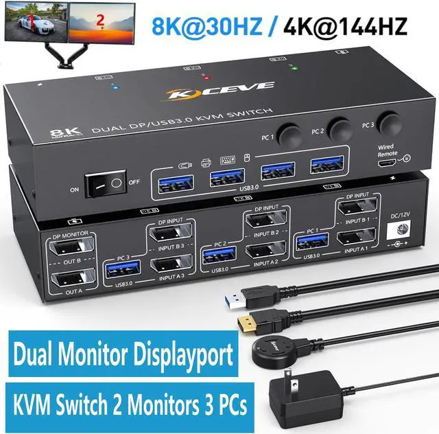 2 Port Dual Monitor Displayport KVM Switch 8K 30Hz 4K 144Hz USB 3.0 Displayport KVM Switch 3 in 2 Out KVM Switch 3 Computers Share 2 Monitors and 4 USB 3.0 Devices Wired Remote and Cables Included