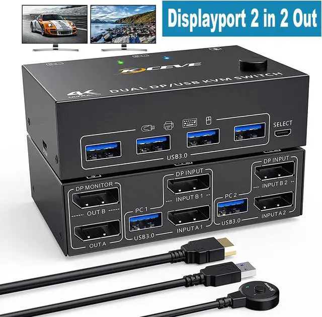 2 Port Dual Monitor DisplayPort KVM Switch 8K 30Hz 4K 60Hz 2 in 2 Out Displayport KVM Switch for 2 PC 2 Monitors KVM Switches with 4 USB 3.0 Ports with DP + USB Cable and Desktop Controller