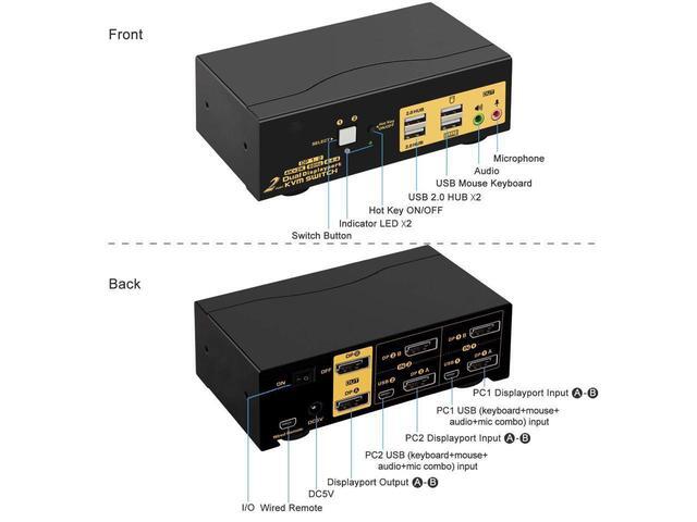 2 Port Dual Monitor Displayport KVM Switch DP KVM Switch With Audio With USB 2.0 Hub And Cables Support Hotkey Switching Resolution Up To 4096x2160 60Hz 4:4:4