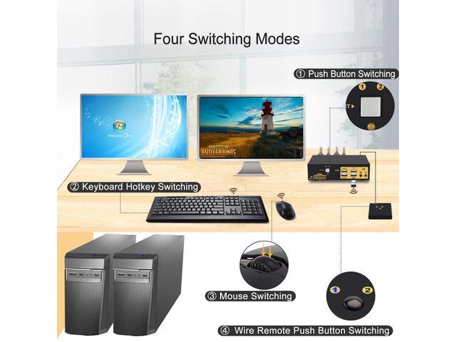 2 Port Dual Monitor Displayport KVM Switch DP KVM Switch With Audio With USB 2.0 Hub And Cables Support Hotkey Switching Resolution Up To 4096x2160 60Hz 4:4:4