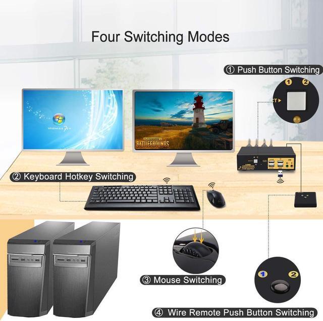 2 Port Dual Monitor Displayport KVM Switch DP KVM Switch With Audio With USB 2.0 Hub And Cables Support Hotkey Switching Resolution Up To 4096x2160 60Hz 4:4:4