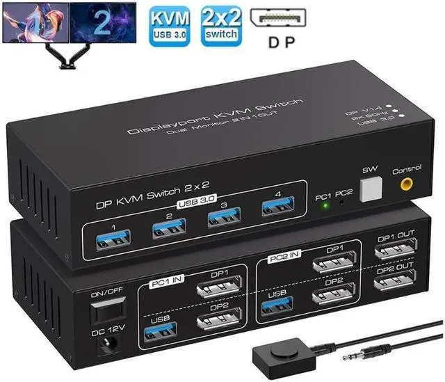 2 Port Dual Monitor Displayport KVM Switch for 2 Computers 2 Monitors Share Keyboard Mouse Printer Displayport1.4 USB3.0 KVM Switch Support 4K 120Hz 8K 60Hz with 4x USB 3.0 Support Desktop Control