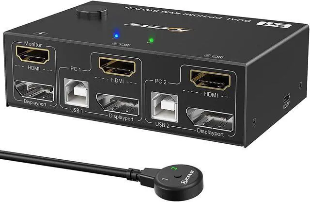 2 Port Dual Monitor DP + HDMI KVM Switch 2 Computer 2 Monitors DisplayPort HDMI USB KVM Switcher Supports 4K 60Hz for 2 computers sharing keyboard mouse and monitor with Wired Controller Cable