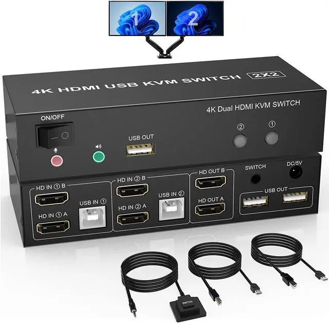2 Port Dual Monitor HDMI KVM Switch 2 in 2 Out 4K 60Hz Extended Display KVM Switch 2 Monitors 2 Computers with Audio Microphone Output and 3 USB Ports PC Monitor Keyboard Mouse Switcher