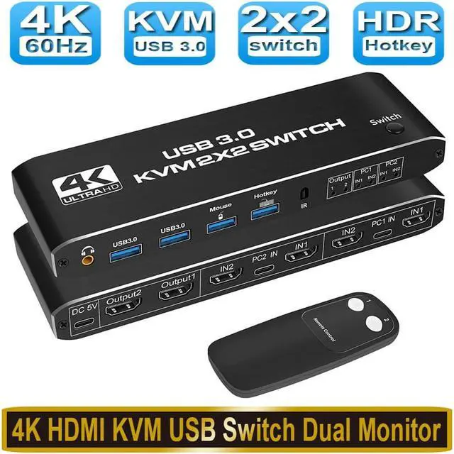 2 Port Dual Monitor HDMI KVM Switch 2x2 USB3.0 HDMI KVM Switch 2 in 2 Out 4K 60Hz 2x2 Mixed Display 2 Monitors 2 Computer for PC laptop Support Hotkey / Panel Switch with USB 3.0 port