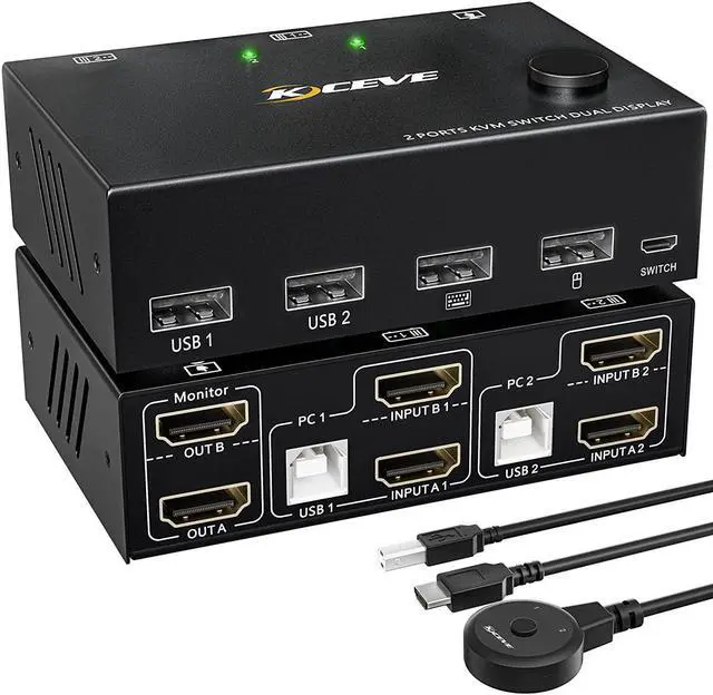 2 Port Dual Monitor HDMI KVM Switch 4K 30Hz HDMI USB KVM Switch for 2 PCs 2 monitors with 4 USB 2.0 Hub KVM switch with 2 HDMI and 2 USB cables Button Switch Compatible with Windows/Linux/Mac OS