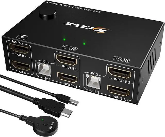 2 Port Dual Monitor HDMI KVM Switch 4K 30Hz USB HDMI Extended Display Switcher for 2 Computers Share 2 Monitors and 4 USB 2.0 Hub USB KVM Switch with Desktop Controller and USB Cables Included