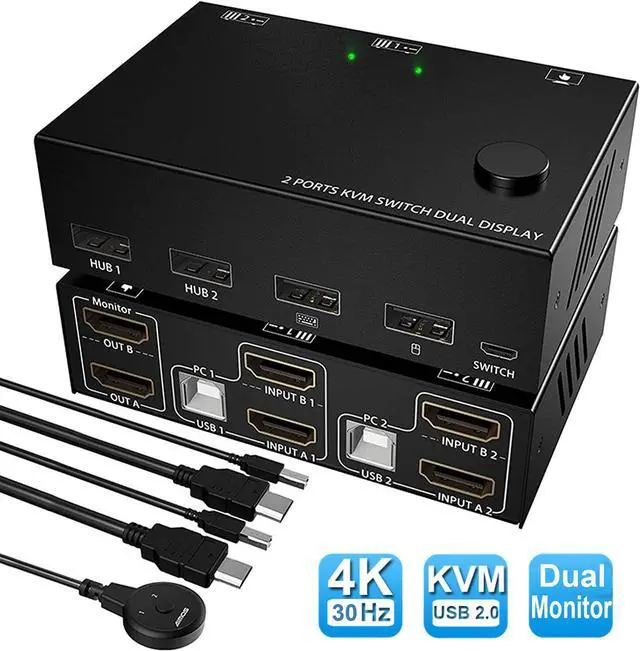 2 Port Dual Monitor HDMI KVM Switch Dual Monitors 4K 30Hz HDMI Extended Display KVM Switcher Box for 2 Computers 2 Monitors PC Monitor Keyboard Mouse Switcher with 2 USB 2 Cables