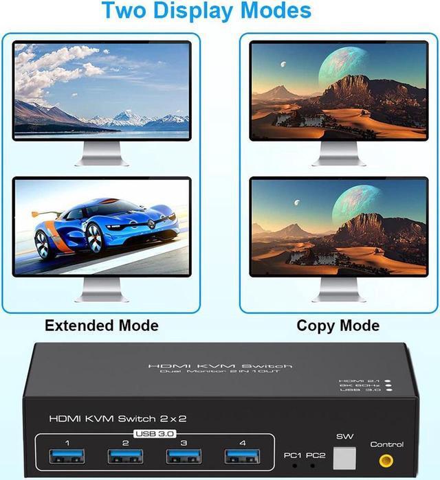 2 Port Dual Monitor HDMI KVM Switch For 2 Monitors 2 Computers Support 8K 60Hz 4K 120Hz USB 3.0 HDMI KVM Switcher 2 In 2 Out For 2 Computers Share 4 Usb 3.0 Ports And Dual Monitor