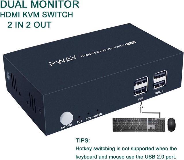 2 Port Dual Monitor KVM Switch HDMI 4K 30Hz 2 USB 2.0 Hub Supported Wireless Keyboard & Mouse And Hotkey Switch No Power Adapter With 4 HDMI Cables