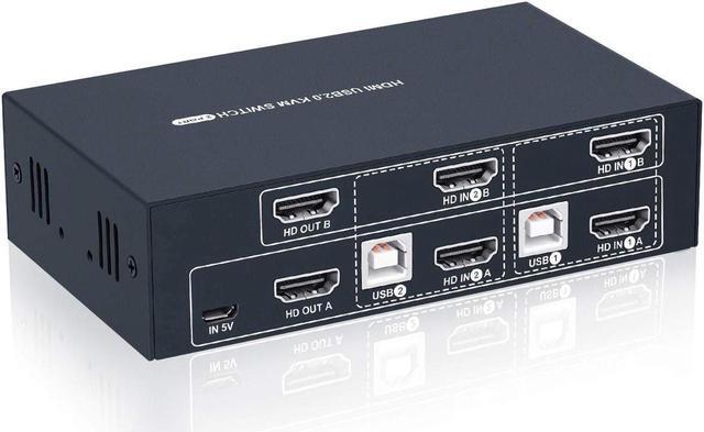 2 Port Dual Monitor KVM Switch HDMI 4K 30Hz 2 USB 2.0 Hub Supported Wireless Keyboard & Mouse And Hotkey Switch No Power Adapter With 4 HDMI Cables