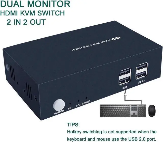 2 Port Dual Monitor KVM Switch HDMI 4K 30Hz 2 USB 2.0 Hub Supported Wireless Keyboard & Mouse and Hotkey Switch No Power Adapter with 4 HDMI Cables