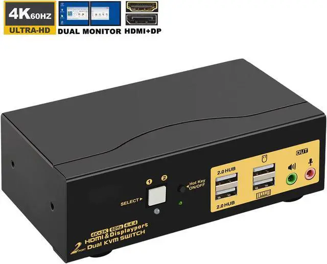 2 Port Dual Monitor KVM Switch HDMI + DisplayPort 4K 60Hz 2x2 PC Monitor Keyboard Mouse Selector with Audio and 2 USB 2.0 HUB