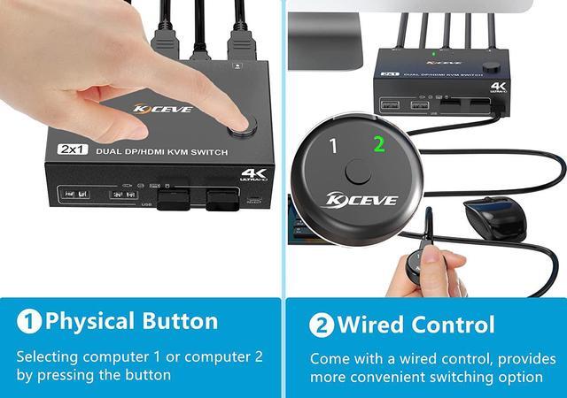 2 Port Dual Monitor KVM Switch HDMI+DisplayPort 4K 60Hz 2K 120Hz HDMI DP Extended Display Switcher For 2 PC Share 2 Monitors And 4 USB 2.0 Ports Wired Remote And 4 Cables Included