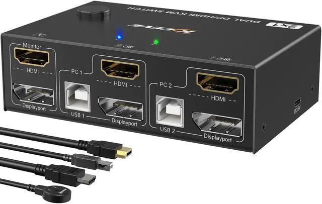 2 Port Dual Monitor KVM Switch HDMI+DisplayPort 4K 60Hz 2K 120Hz HDMI DP Extended Display Switcher for 2 PC Share 2 monitors and 4 USB 2.0 ports Wired remote and 4 cables included