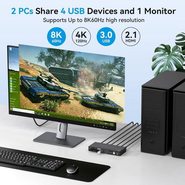 2 Port HDM KVM Switch 2 PC 1 Monitor Support 8K 60Hz 4K 120Hz USB 3.0 HDMI KVM Switch Shares 1 Monitor And 4 USB Devices Such As Mouse Keyboard Includes 2 USB 3.0 Cables And A Wired Controller